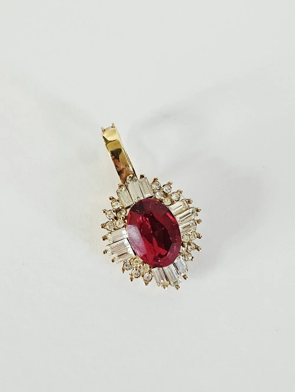 Vintage Red Rhinestone Baguette Cluster Ballerina Gold Tone Enhancer Pendant